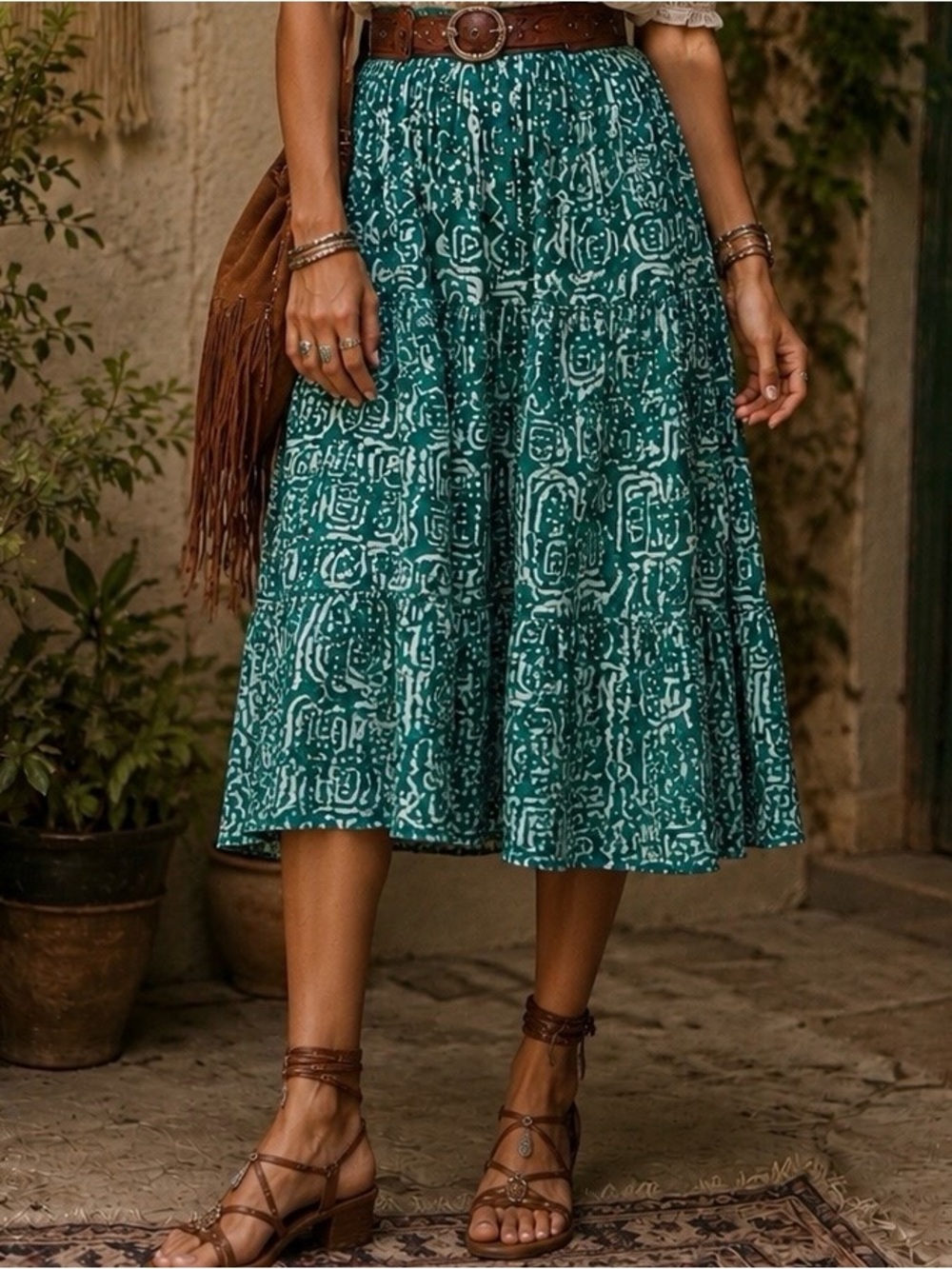 VTG Tiered Peasant Midi Skirt Teal White India Graphic Size M Flowy Boho Hippie